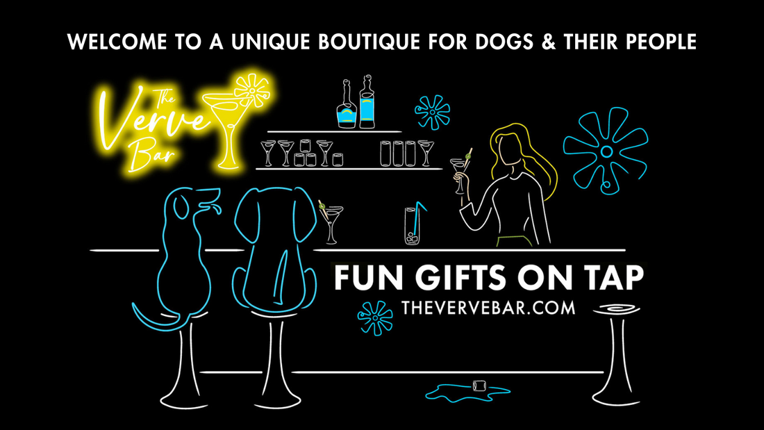 The Verve Bar dog gifts homepage image; line are in neon of 2 dogs sitting at a bar and a female bartender is serving them.