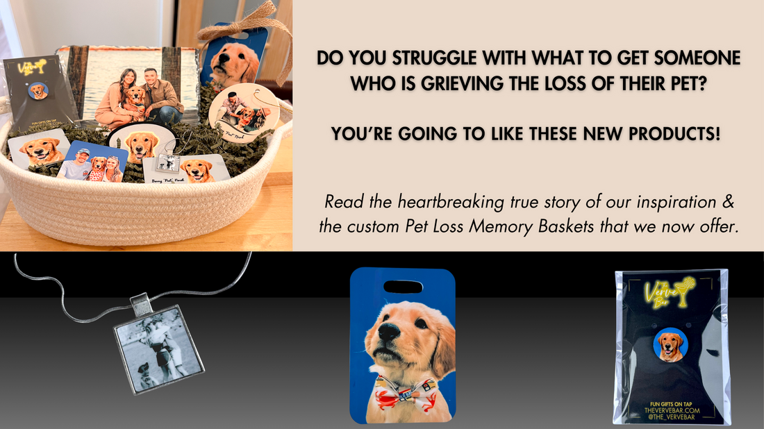 Dog Sympathy Gift Basket shown with custom photo products shown; pendant, luggage tag, lapel pin, slate plaque