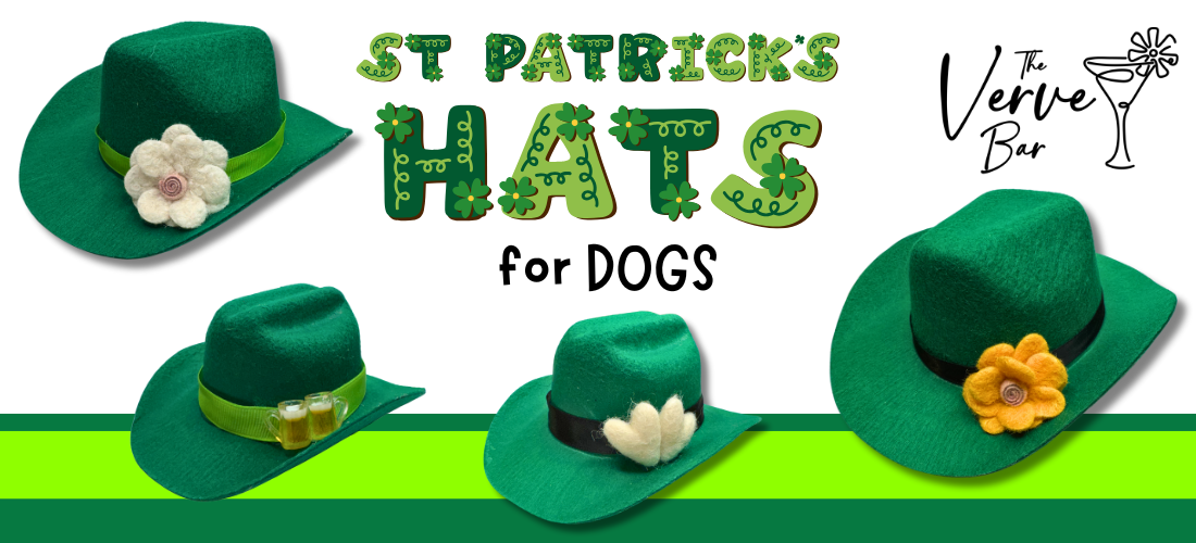 4 styles of green dog cowboy hats, the perfect st patrick hat accessories for your festive pup. The letters for "St. Patrick's Hats" are spelled with letters decorated with green clovers.