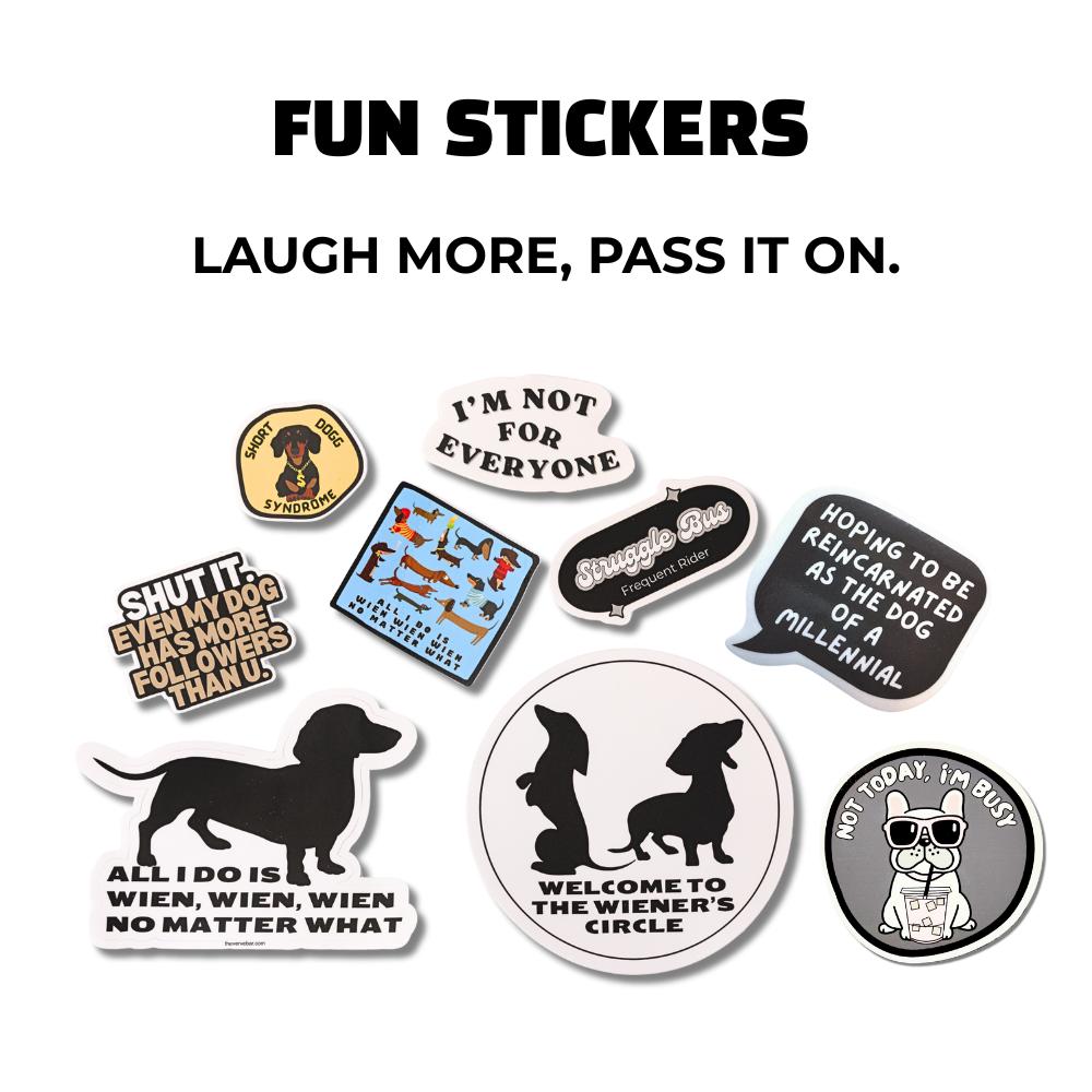 Flat lay of funny waterproof vinyl stickers featuring dachshunds, sarcastic dog quotes, and cat humor. White background, high-contrast design.