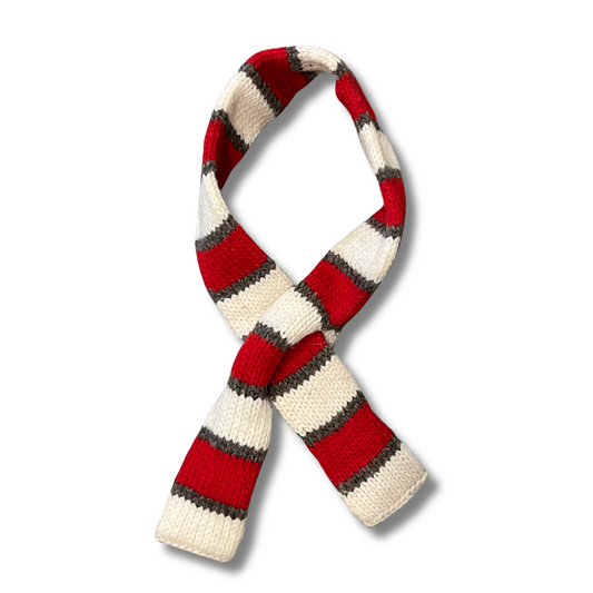 red and white striped premium wool dog scarf with thin gray stripes between the red and white