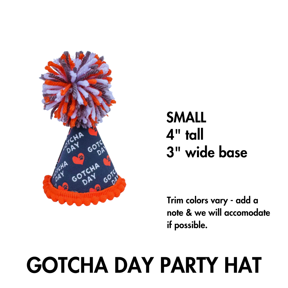 Gray, white, and orange fabric wrapped dog gotcha day hat