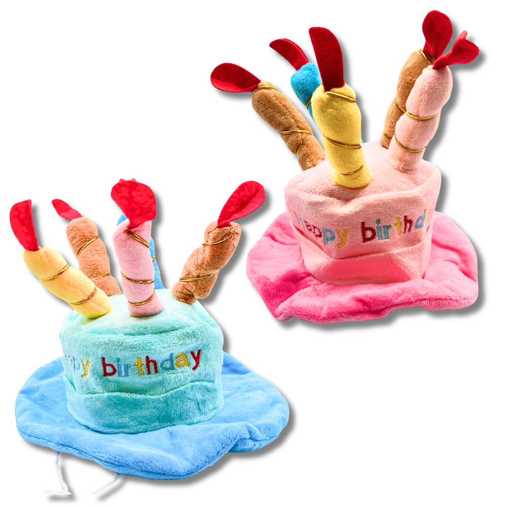 pink or blue dog birthday hat shaped like cake with candles