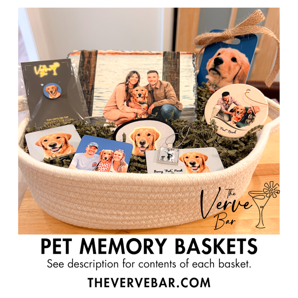 gift for loss of pet baket showing custom photo products in white basket