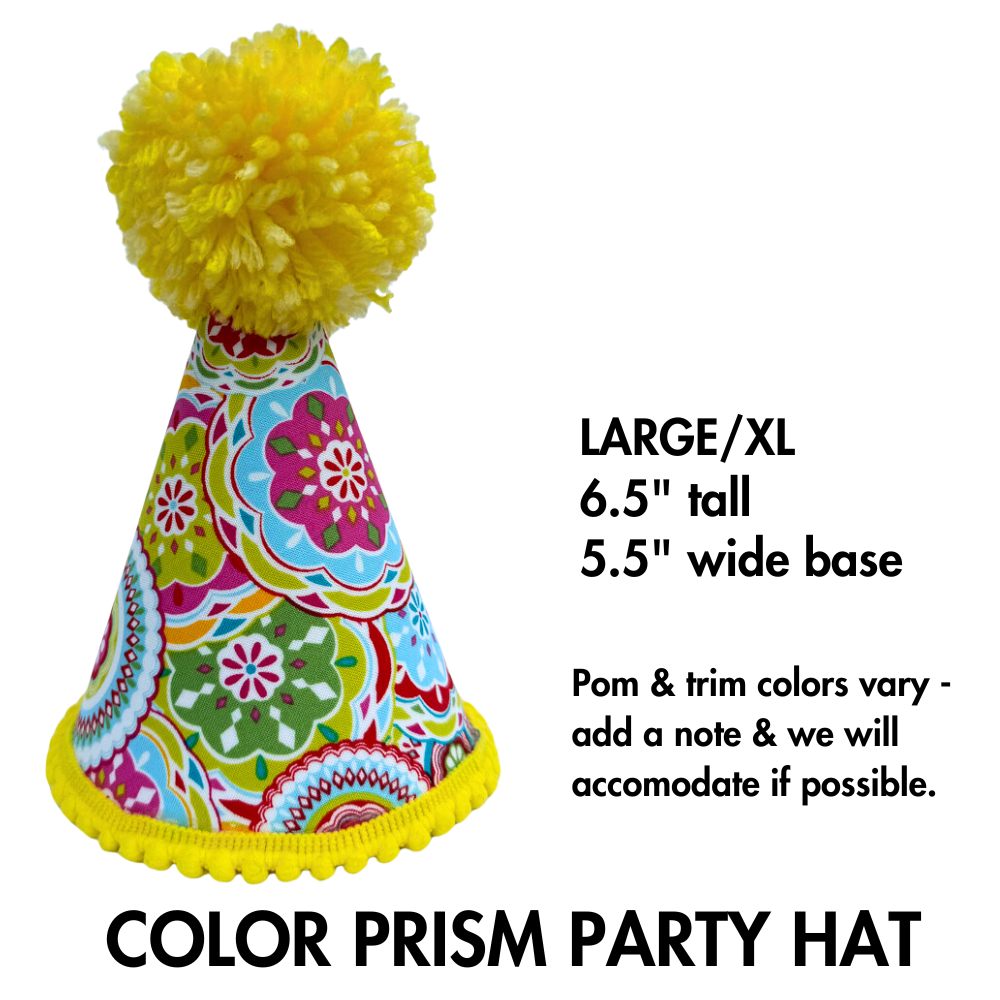 picture and description of our size large colorful pink, yellow, green, blue, orange dog party hat