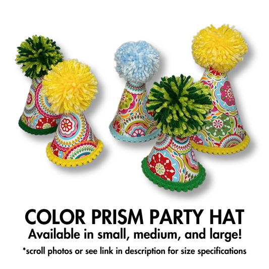 premium pet party hats to make any furbaby party a huge success! multicolored prism and floral parttern in yellow, pink, green, light blue and white.