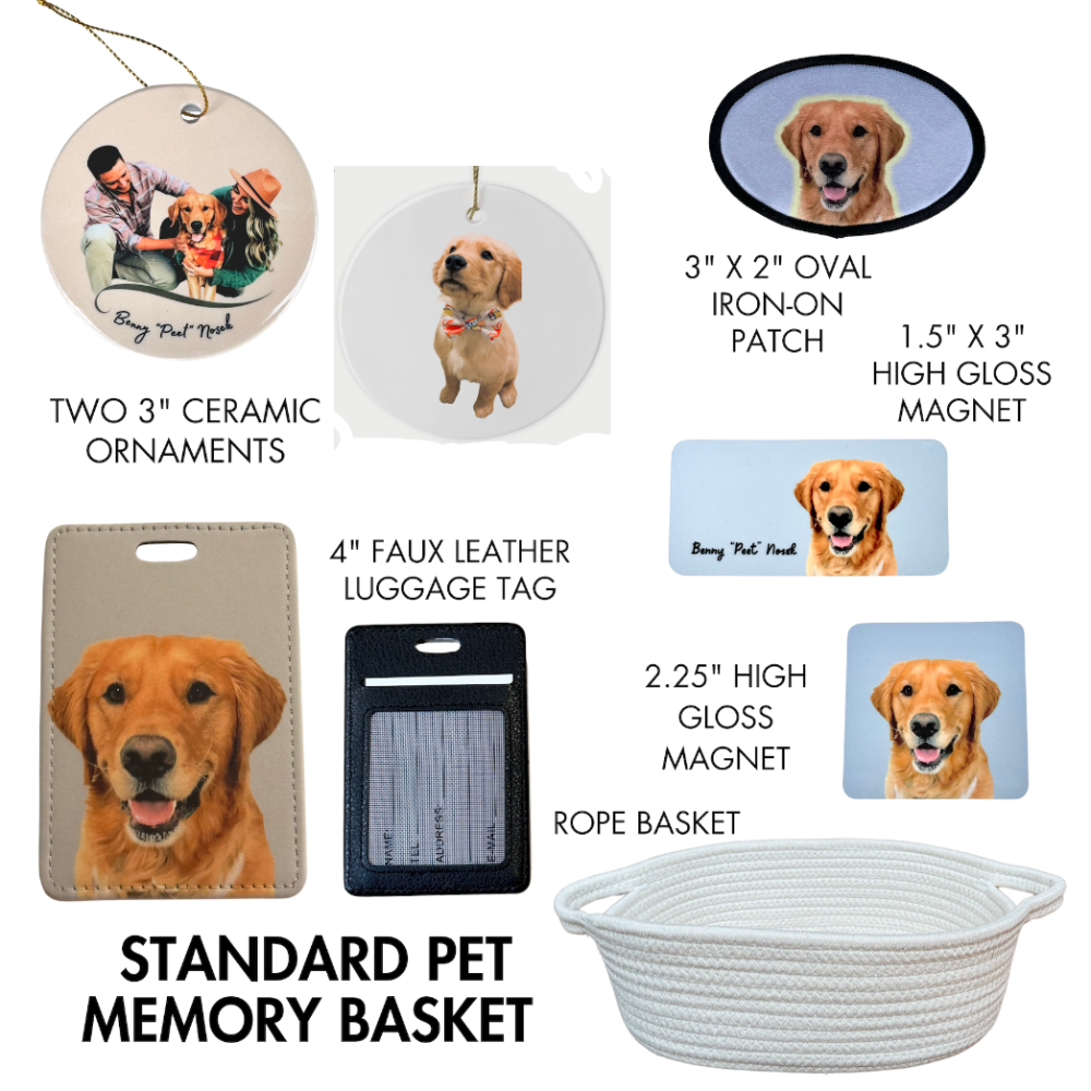 pet sympathy basket contents including custom photo ornament, custom luggage tag, magnets and patch for loss of pet
