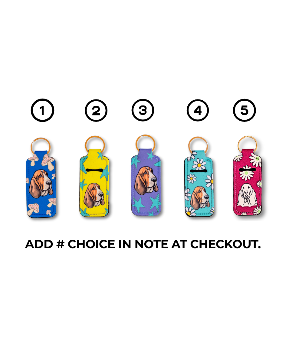 Five Basset Hound chapstick holders in assorted colorful patterns with gold keyrings – neoprene lip balm keychain gifts for dog lovers