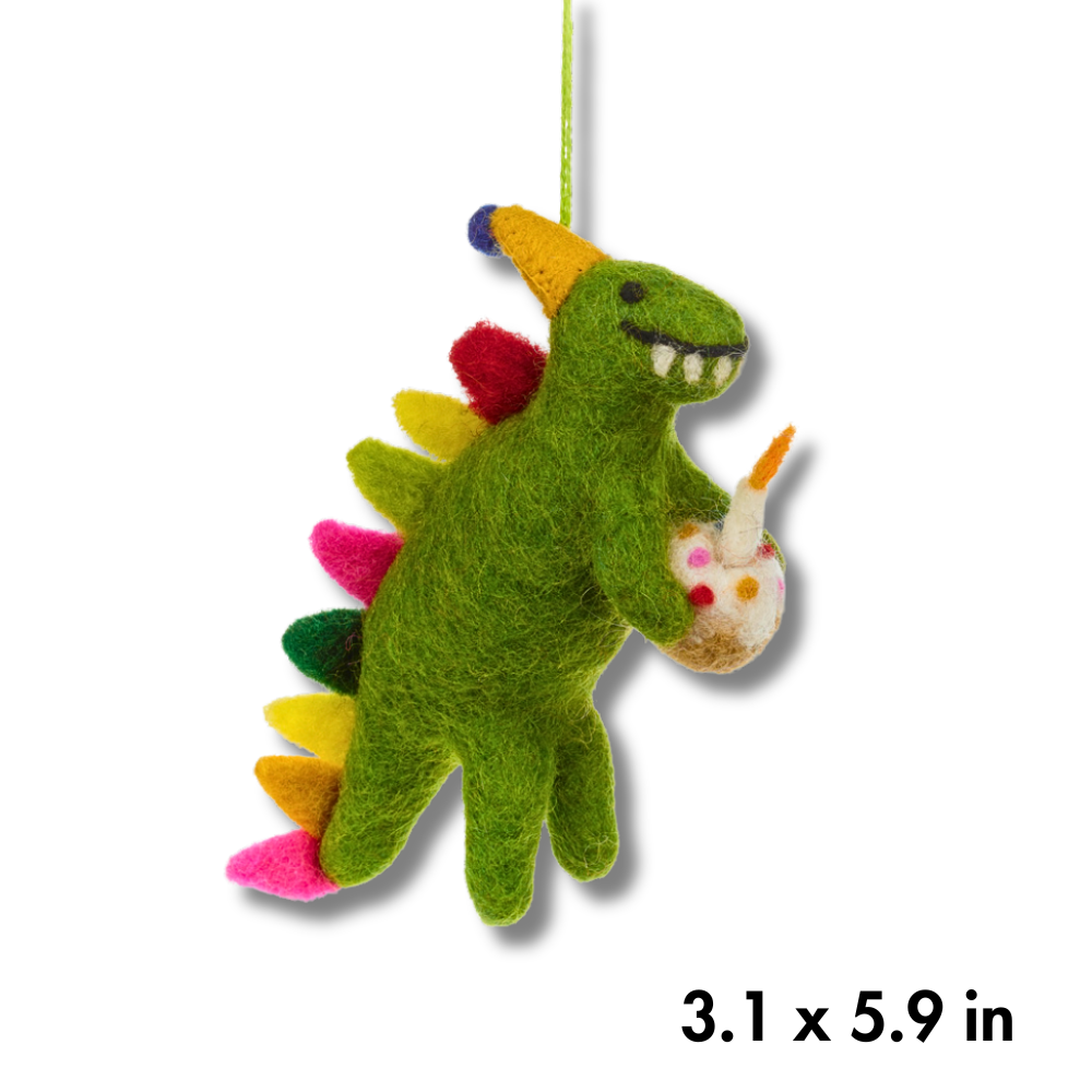 Green felt birthday dinosaur party decoration. Dino is holding a birthday cake with a felt candle. The dinosaur has colorful spikes on their back. Bottom of page has dimensions.