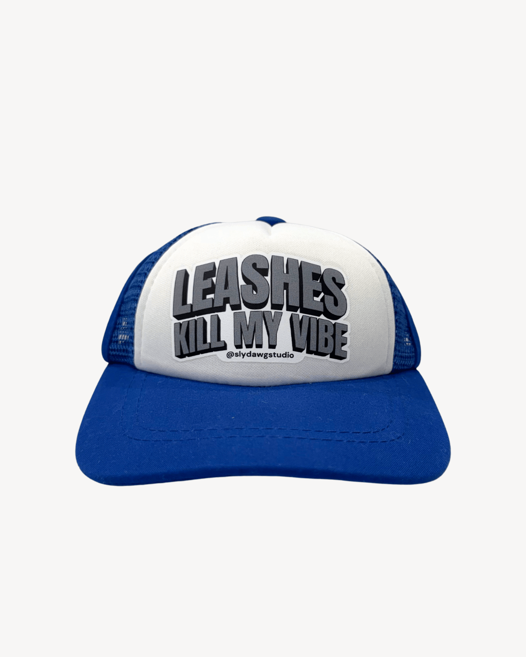 blue and white dog hat with saying on it. text 'LEASHES KILL MY VIBE' on a white background