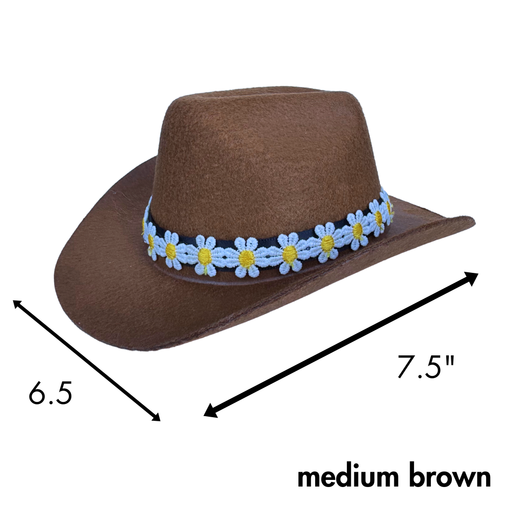 size dimensions for mini medium brown dog cowboy hat with daisy trim