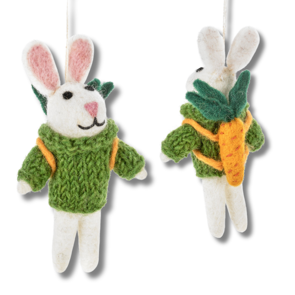 Cutest felt bunny Christmas or Easter ornament: white bunny wearing hand knitted green sweater and wearing carrot backpack.