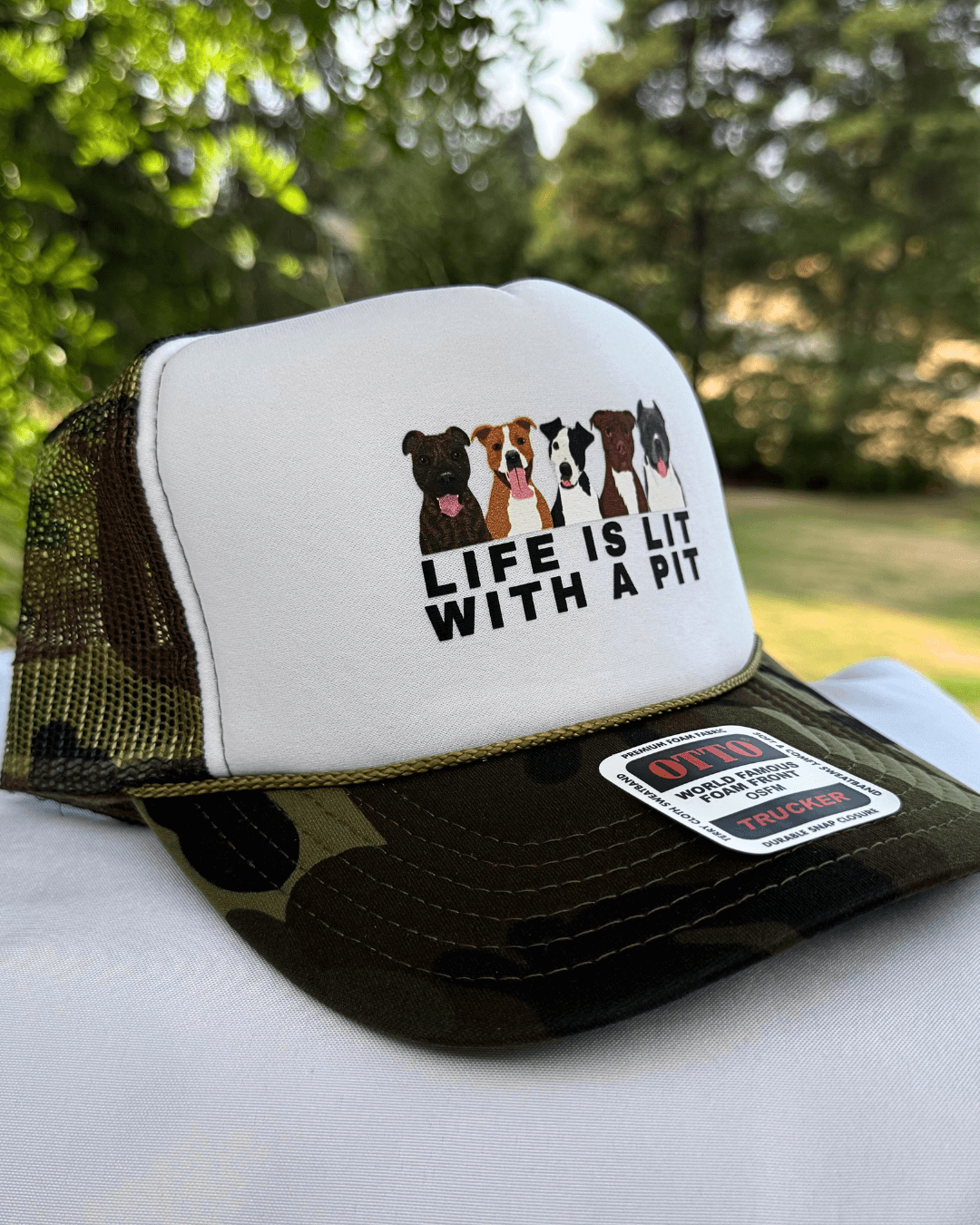 Life Is Lit with a Pit Foam Dog Trucker Hat for Humans