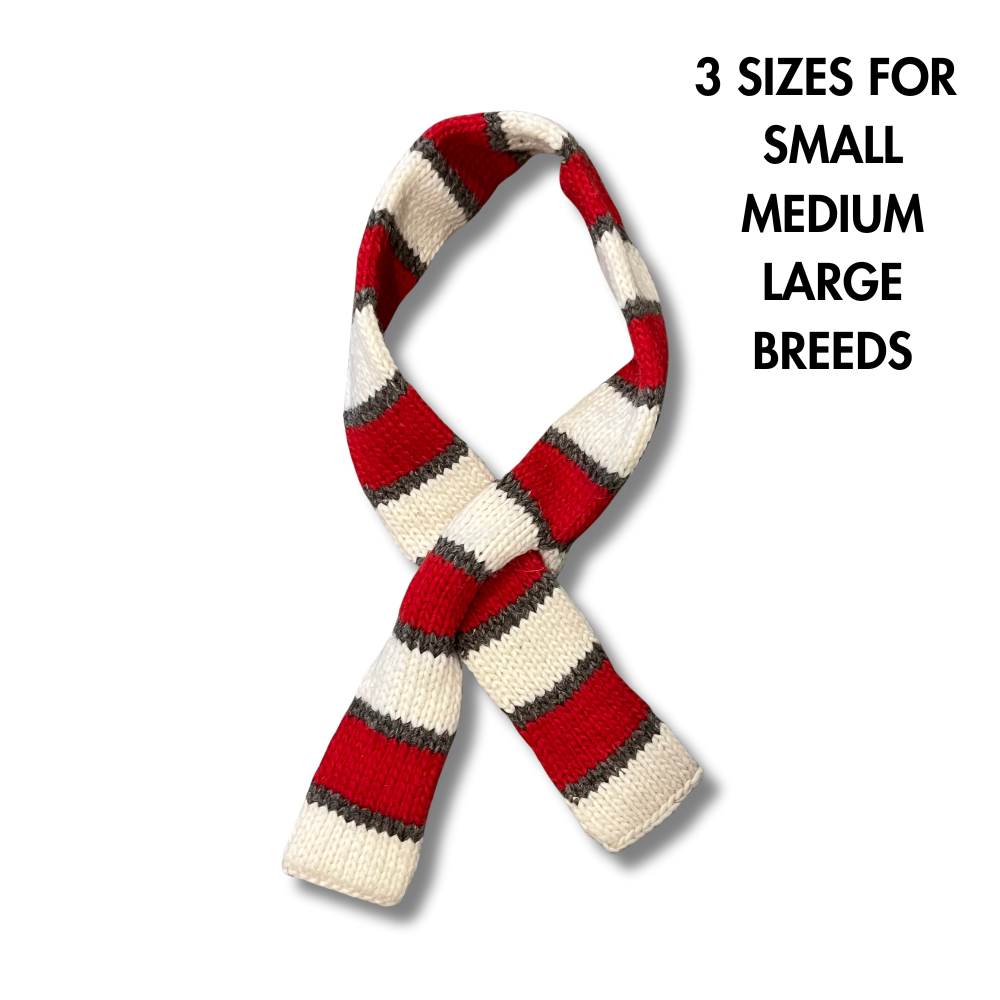 size info for this cute striped scarf for dogs: red, white, and gray stripes. Size info states that it comes in 3 sizes for most breeds.