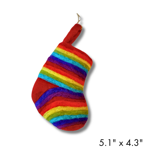 mini rainbow Pride holiday Christmas stocking - image of stocking and dimensions