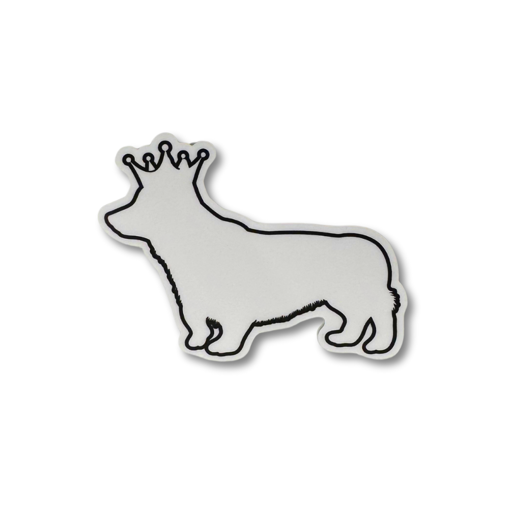 basset or corgi sticker: short dog wearing a crown. White silhouette with black outline.