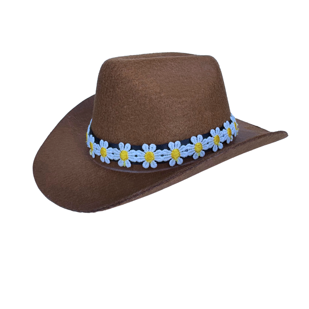 mini medium brown dog cowboy hat with daisy trim - full view
