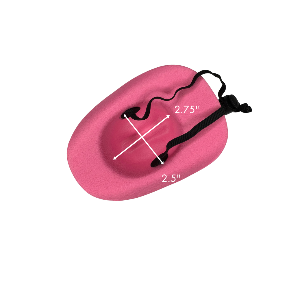 Mini dog cowboy hat upside down to show the size of the opening on the bottom. Dimensions shown but these hat are intended to sit on top of the pup's head.