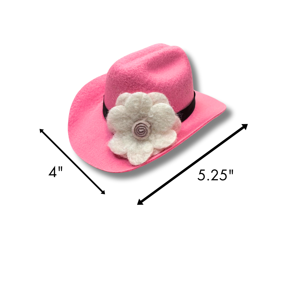 Size dimensions for medium Valentine pink dog cowboy hat with one white felt flower.