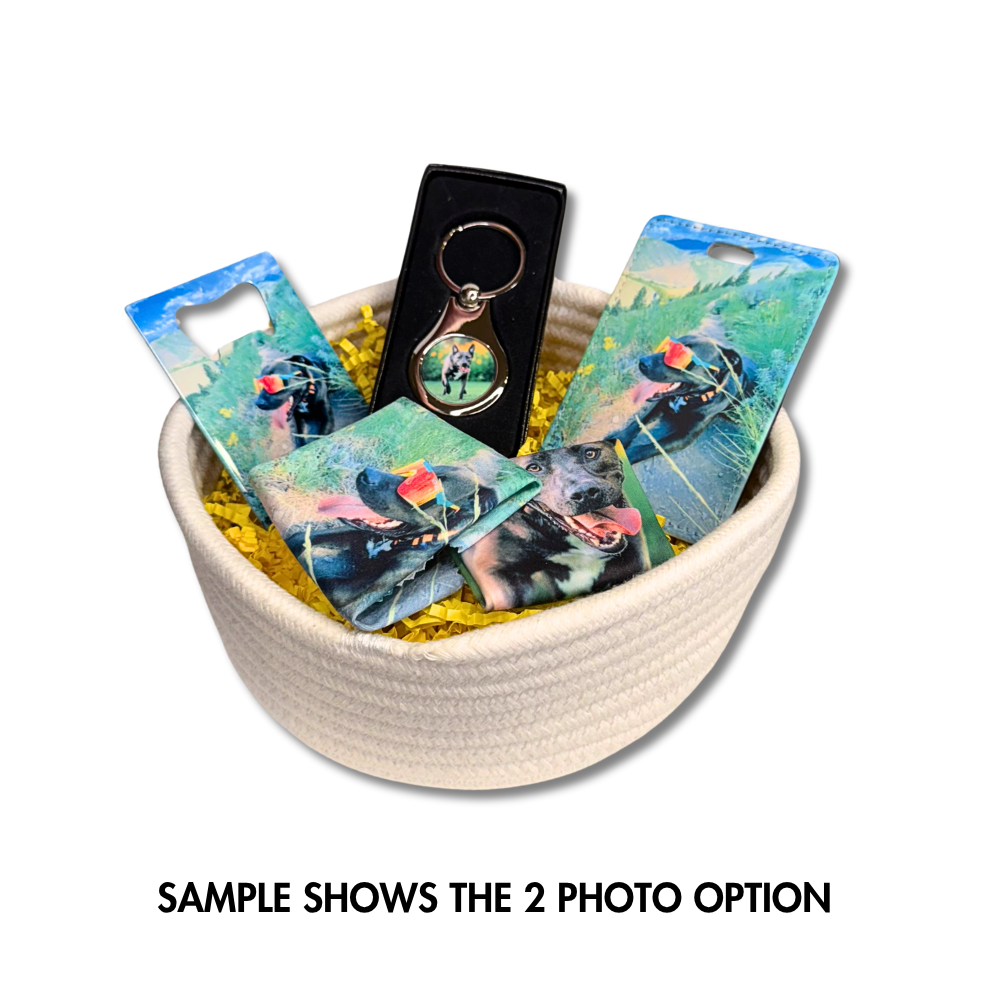 personalized dog photo gift basket with custom pet keychain, luggage tag, lens cloths and bottle opener