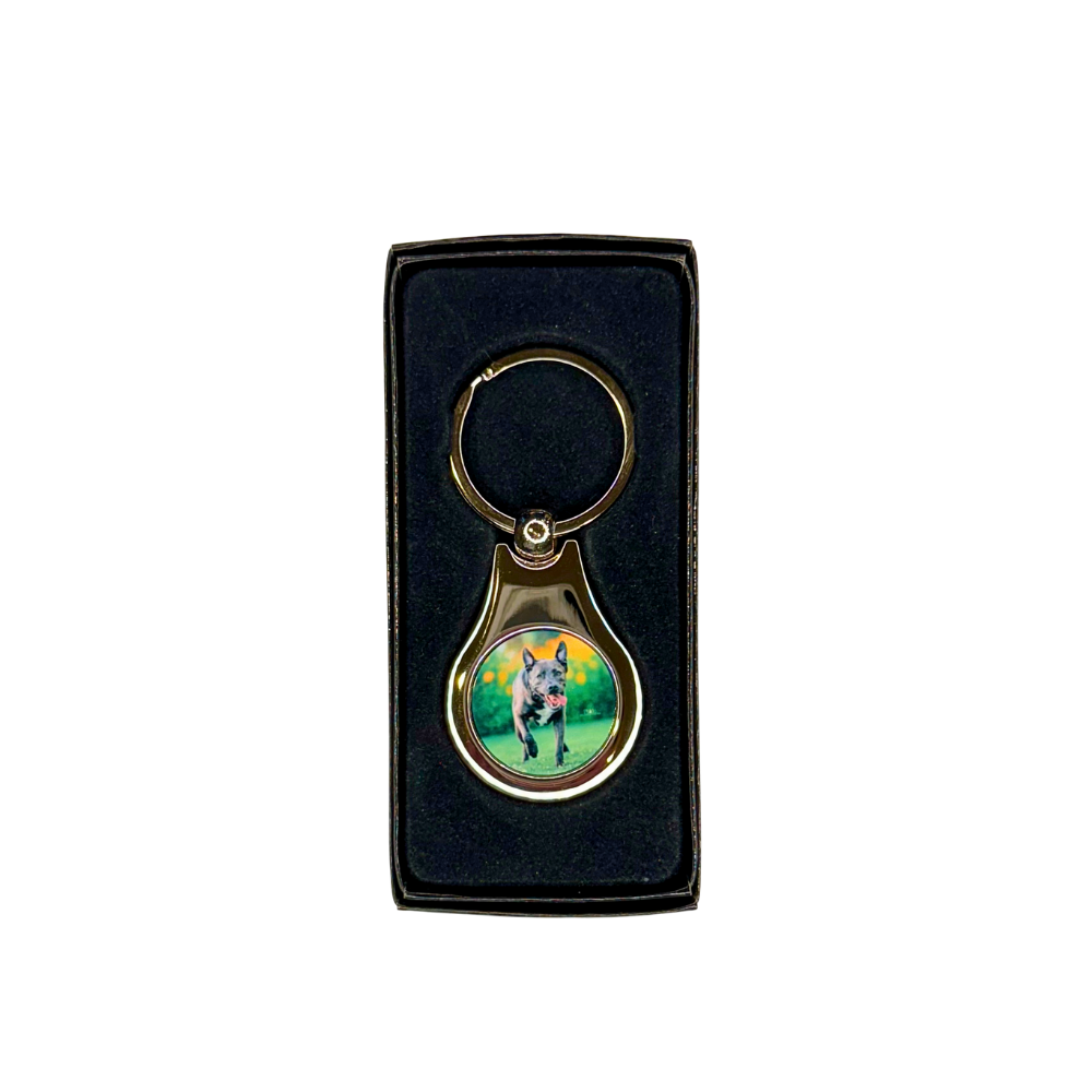 metal custom dog photo keychain with round image, gift boxed