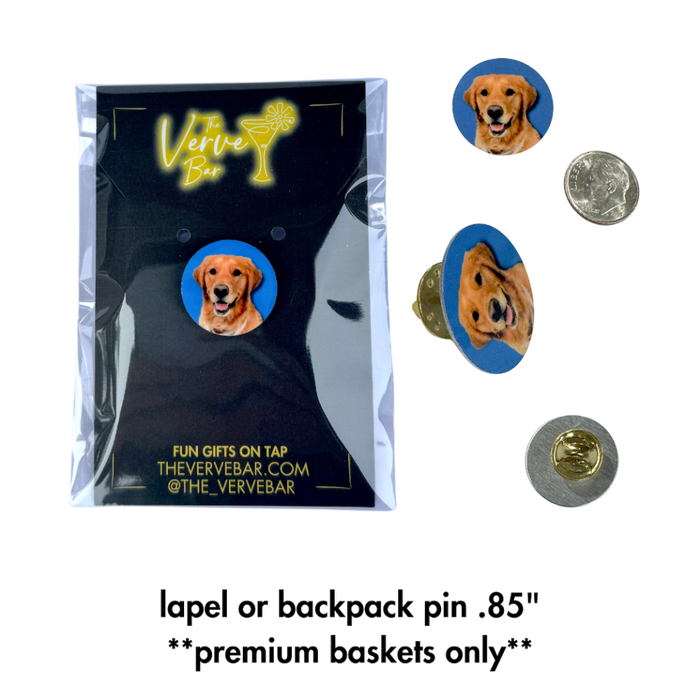 close up of custom photo gift lapel pin that is included in the pet sympathy basket