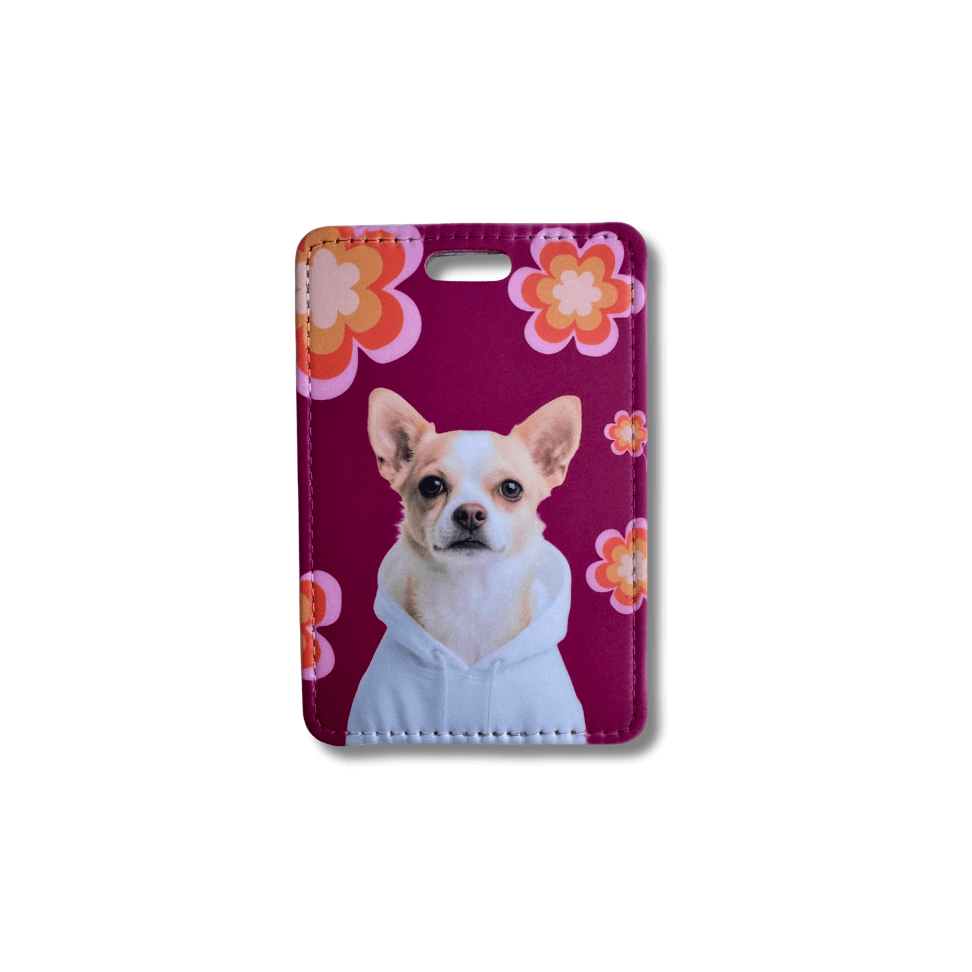 Chihuahua luggage tag with retro pink and orange flower background and chihuahua in white hoodie.