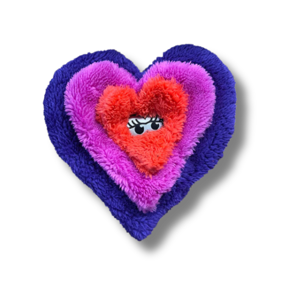 DOG TOY UNSTUFFED PLUSH SHAPED LIKE HEART - PURPLE/PINK/RED AND EYES IN MIDDLE