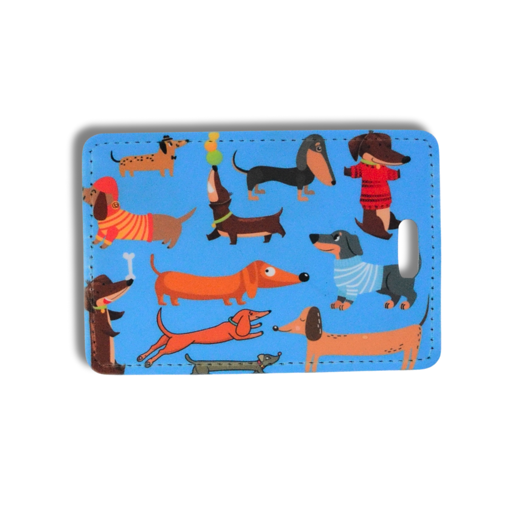 3.75" x 4" faux leather Dachshund luggage tag with colorful wiener dog pattern. One-sided design with mesh pocket & ID card on the back.