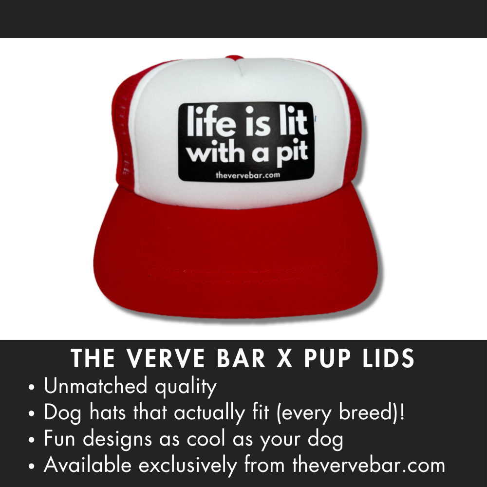 This red and white trucker hat for pit bulls has a black logo.