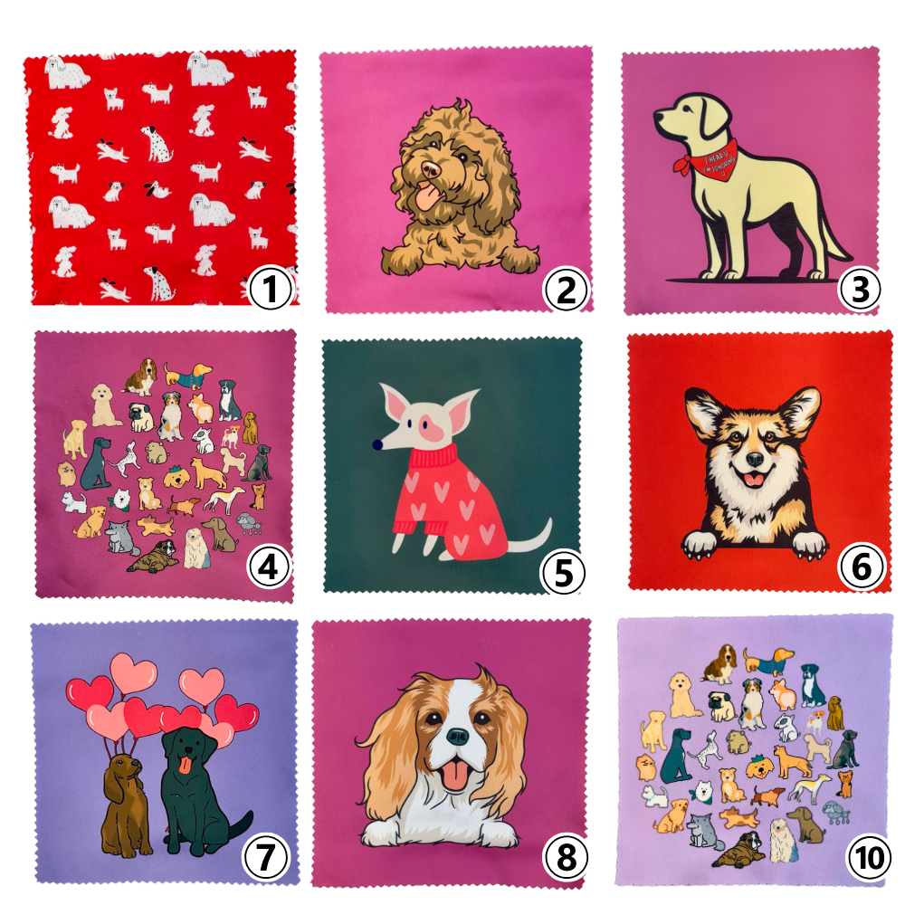 Lavender lens cloth with illustrated dog breeds including labrador, golden retriever, corgi, pug, doodle, chihuahua, and more.