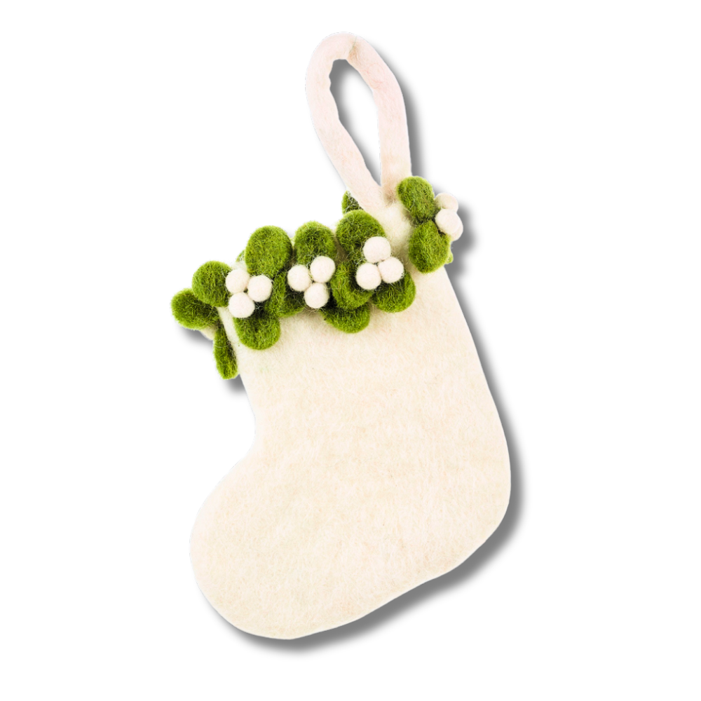 Mini Felt Holiday Stocking | White Green Mistletoe