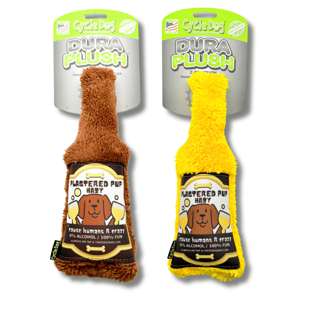 shows the two color options for this dog beer toy; yellow or brow