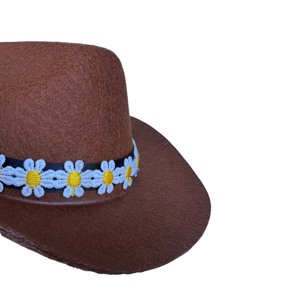 mini medium brown dog cowboy hat with daisy trim - close up