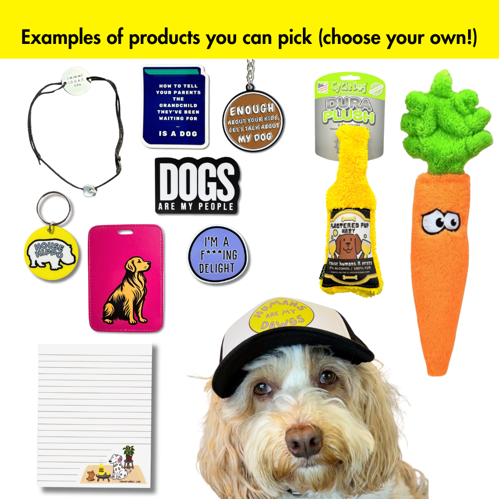 contents of the ultimate dog and owner easter basket. Image shows examples of the many choices you can pick to customize your basket