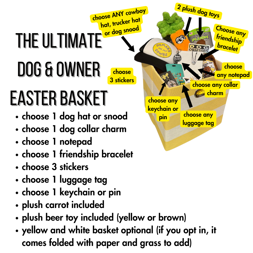 Diagram of customizable items in the Dog and Owner Easter Basket including dog toy, hat, charm, notepad, keychain, and stickers.