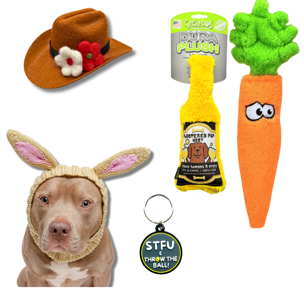 sample products you can select for our dog easter basket: mini dog cowboy hat, dog bunny snood, dog plush toys (beer bottle and carrot) and dog collar charm