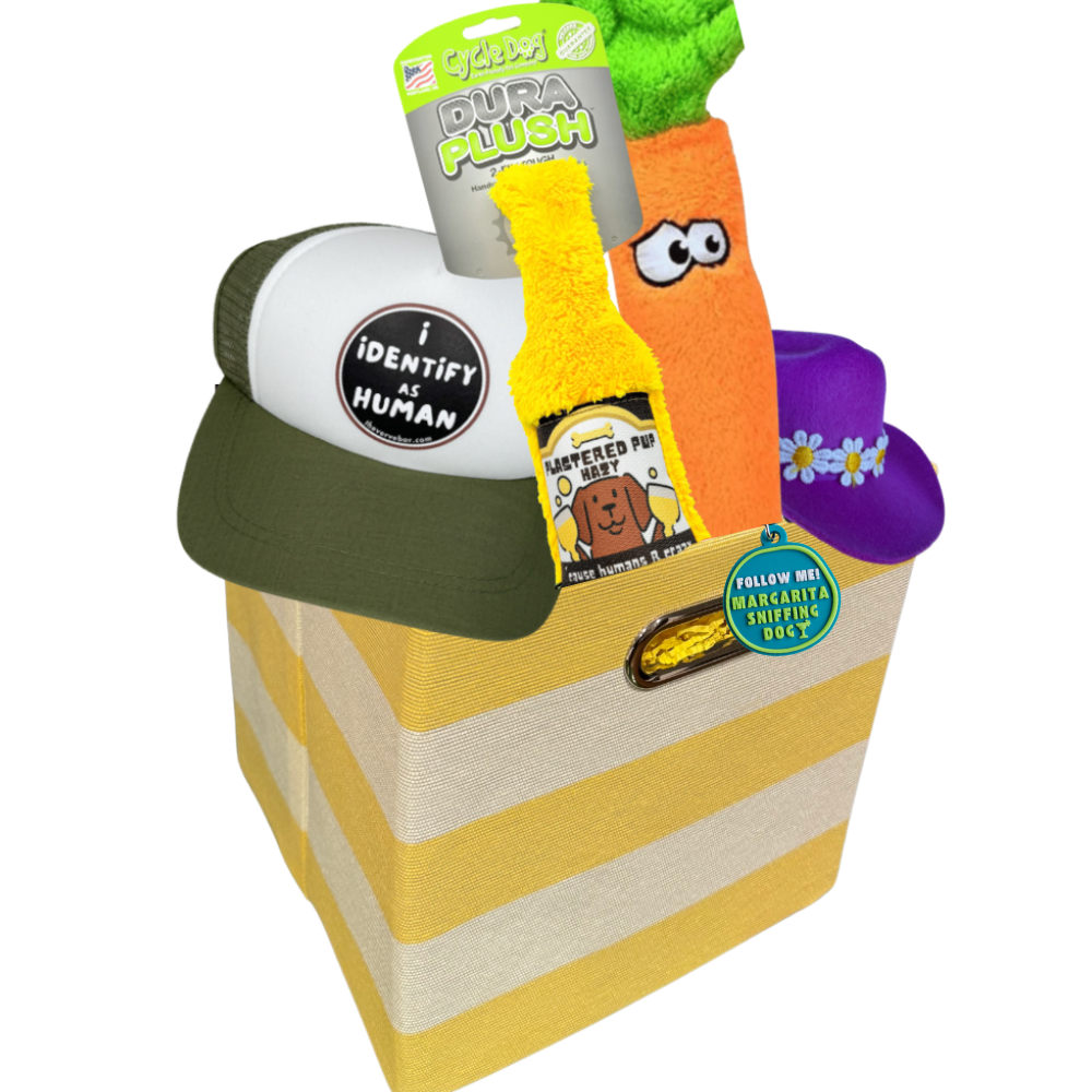yellow and white striped dog easter basket with dog trucker hat, plush beer toy, plush dog toy carrot, dog cowboy hat and collar charm