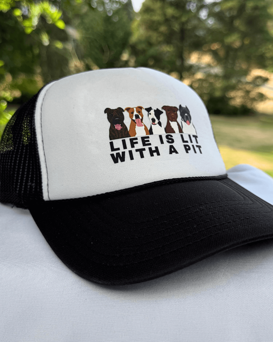 Life Is Lit with a Pit Foam Dog Trucker Hat for Humans