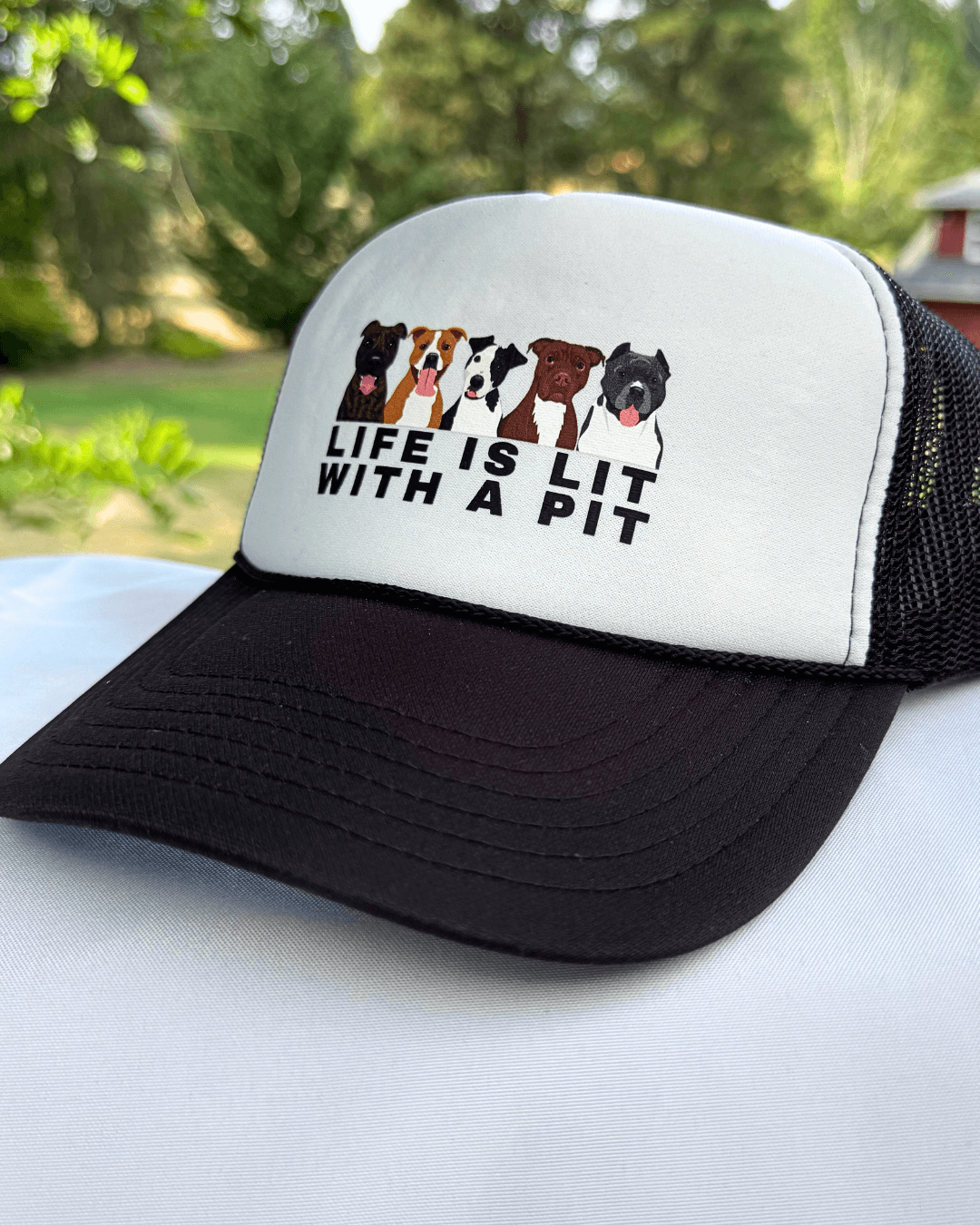 Life Is Lit with a Pit Foam Dog Trucker Hat for Humans