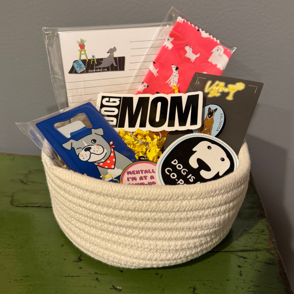 Fun dog-themed gift basket --Easter Basket (cotton rope basket) with stickers, keychains, bottle opener, & a notepad