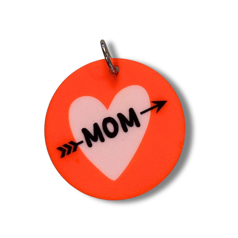 large dog size dog mom collar charms. Red circles with lavender heart and "mom" with an arrow through it.
