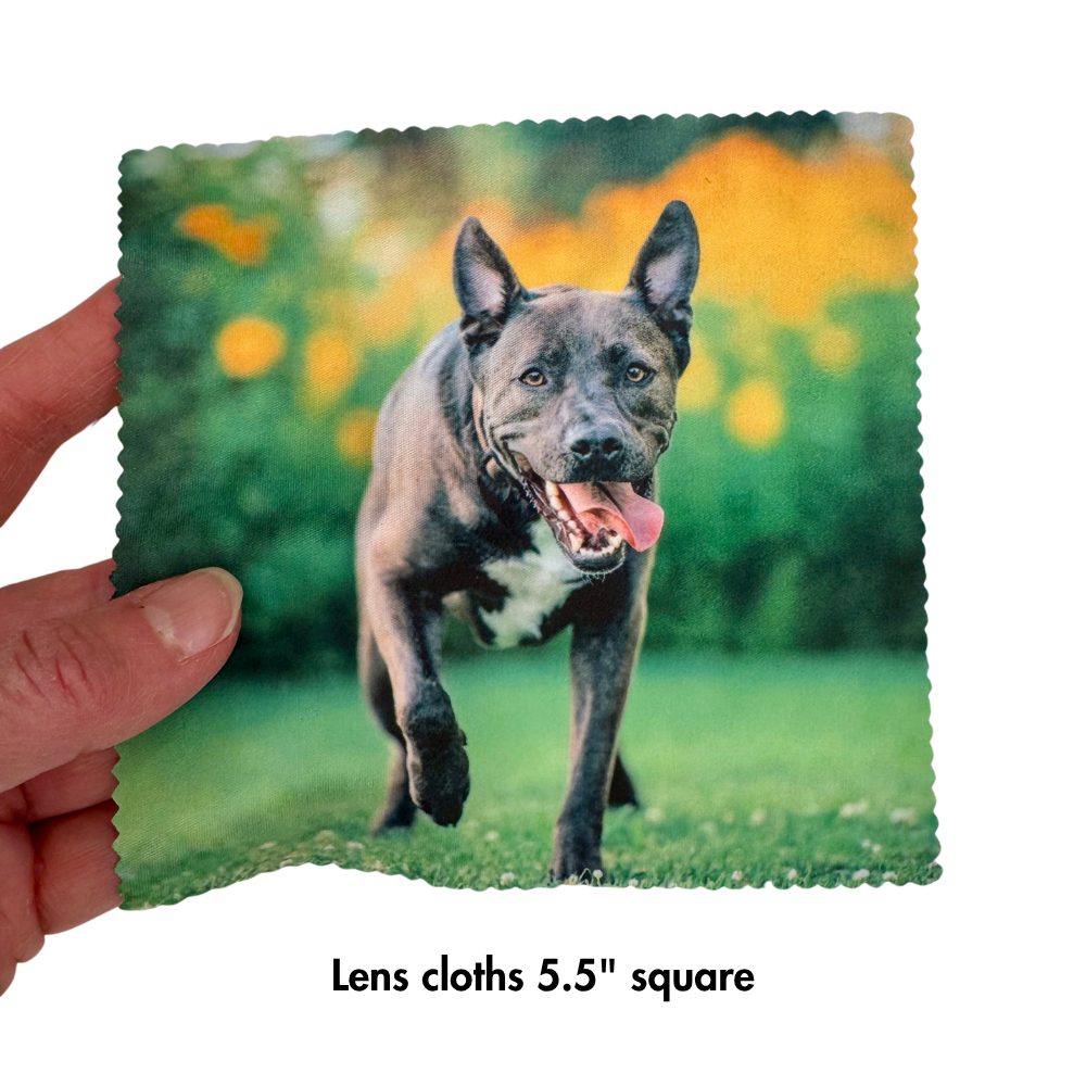 custom dog photo lens cloth shown to scale, 5.5 inch square microfiber