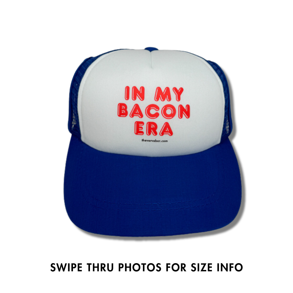 Awesome trucker hat for dog - blue bill, blue mesh, white front and message in red on front: In my bacon era