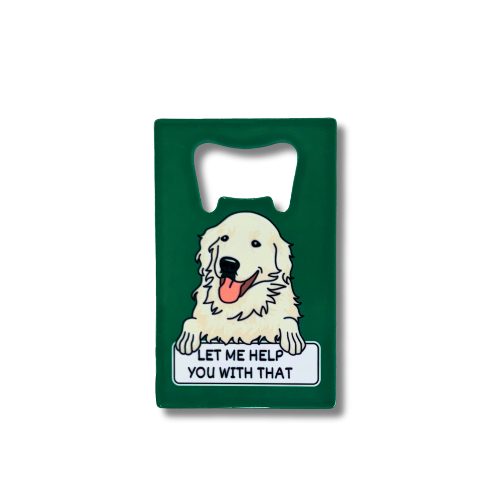 Green wallet bottle opener with cartoon Golden Retriever and text “Let Me Help You With That”