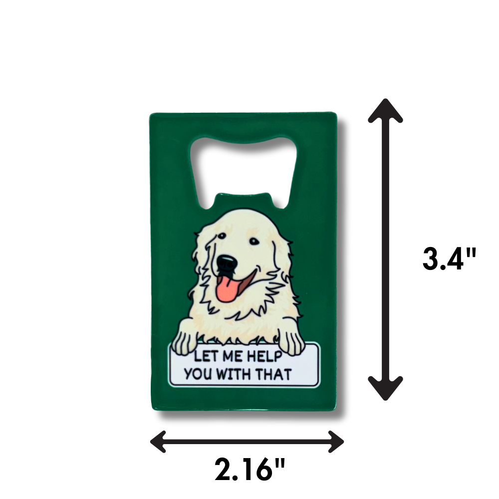 Green wallet bottle opener with cartoon Golden Retriever - shows dimensions