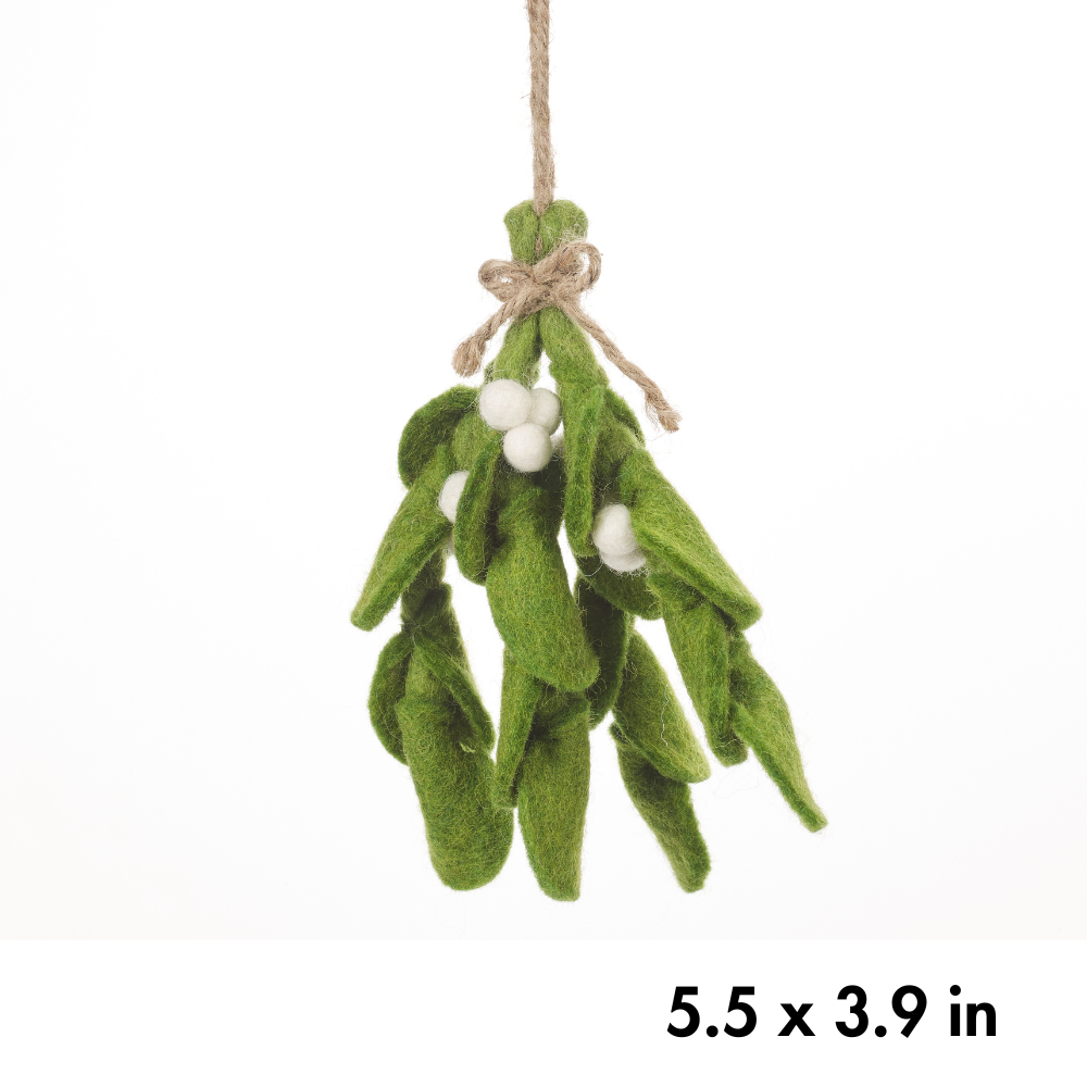 cute felt mistletoe spring with white felt berries and tied with natural string / includes dimensions at bottom