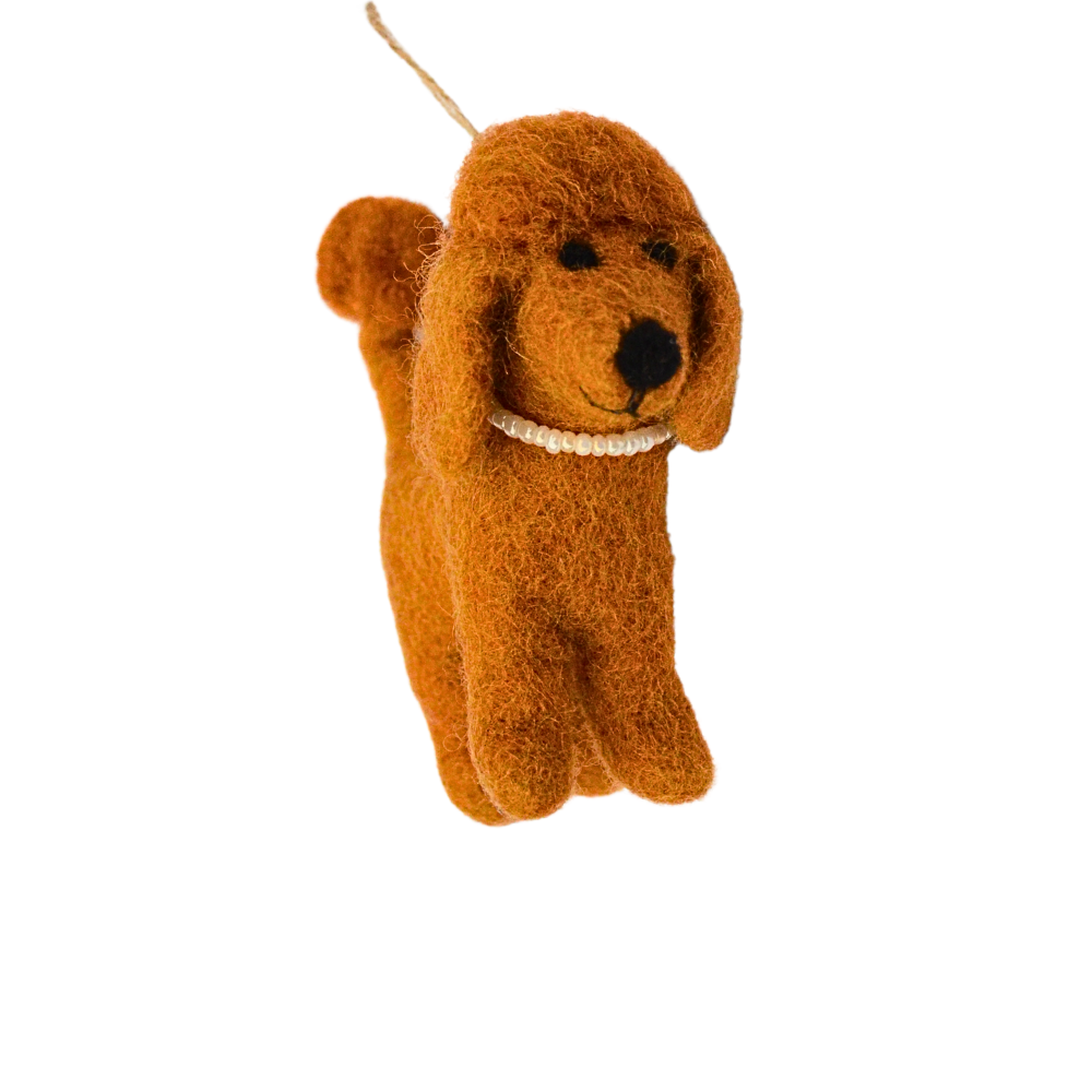brown poodle dog felt ornament. Dog is wearing a white pearl necklace.