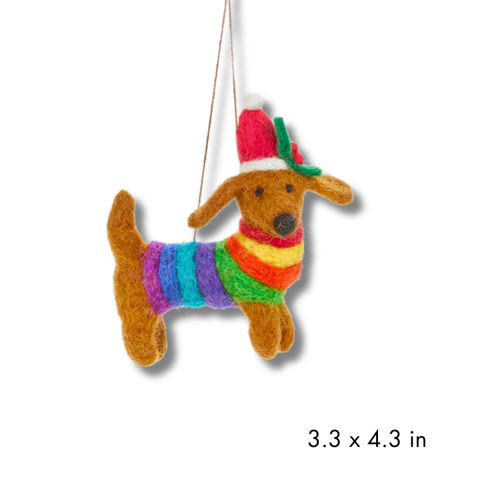 Felt Santa Dog pride christmas tree ornament: dachshund dog wearing rainbow pride sweater and santa hat / felt Christmas decor