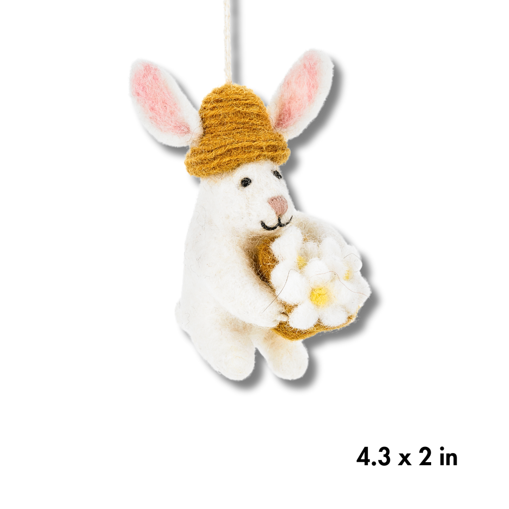 Woodland White Bunny Ornament | Rabbit Holding Daisies